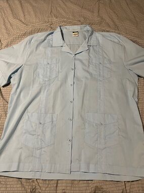 Priority Male Guayabera Shirt XXL Light Blue 4 Pocket Short Sleeve Button Front